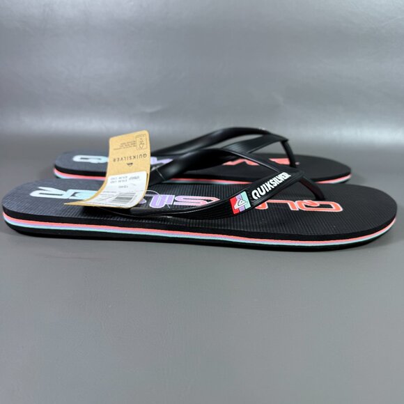 Quiksilver Molokai Flip Flops Mens Size 12 Thong Sandals Black Colorful Script - Picture 7 of 11